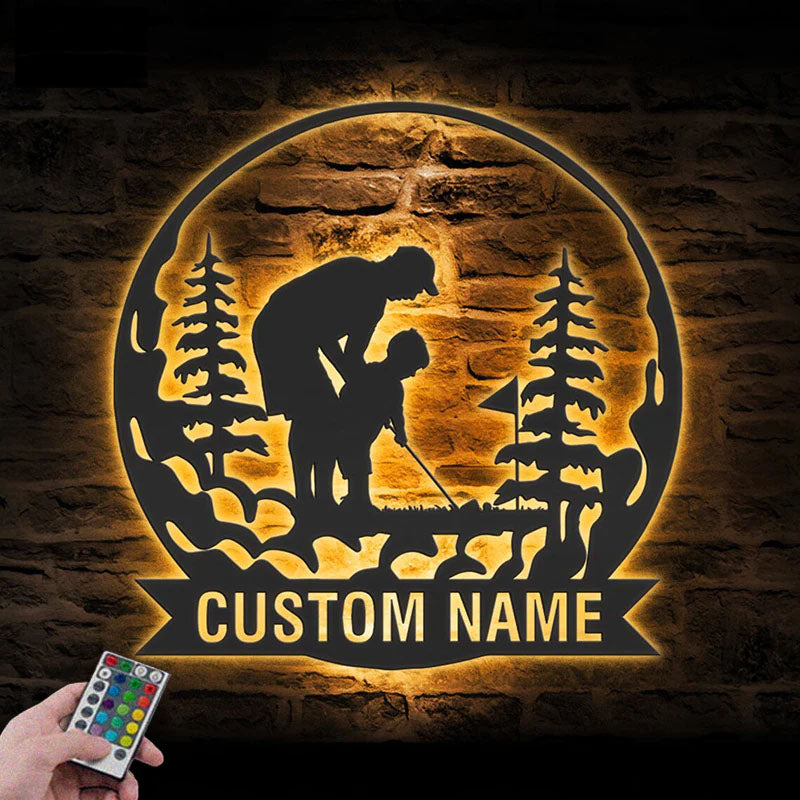 Personalized Father Son Golfing Metal Wall Signs With RGB Led Light