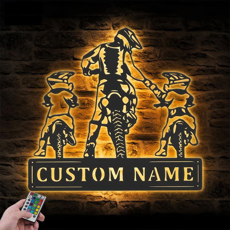 Personalized Father Son Motocross Biker, Metal Wall Signs With RGB Led Light