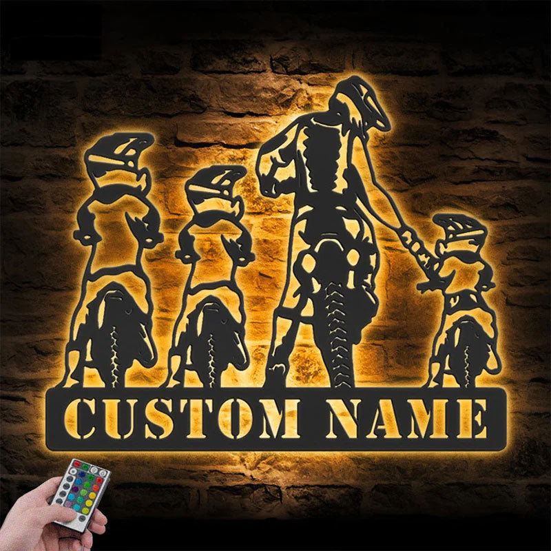 Personalized Father Son Motocross Biker, Metal Wall Signs With RGB Led Light