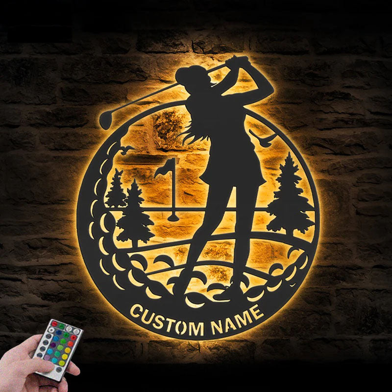 Personalized Female Golfing Metal Wall Signs With RGB Led Light