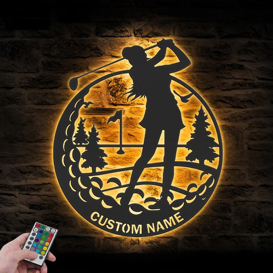 Personalized Female Golfing Metal Wall Signs With RGB Led Light