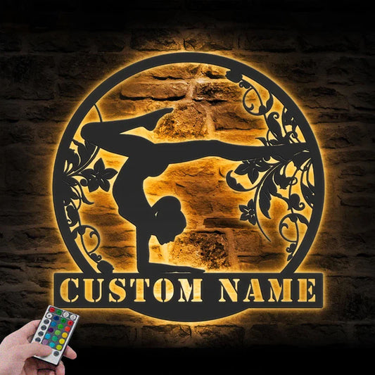 Personalized Female Gymnastics, Name Sign Home Decor Tumbling Cheerleading Fitness Metal Wall Signs With RGB Led Light