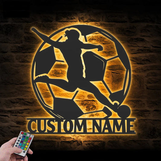 Personalized Female Soccer, Metal Wall Signs With RGB Led Light