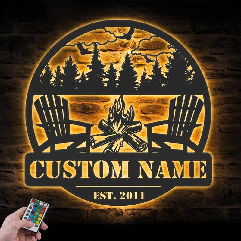 Personalized Fire Pit Lake House Metal Wall Signs With RGB Led Light