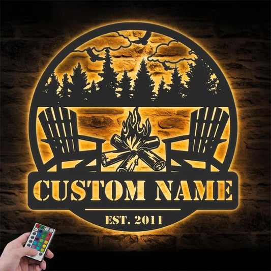 Personalized Fire Pit Lake House Metal Wall Signs With RGB Led Light