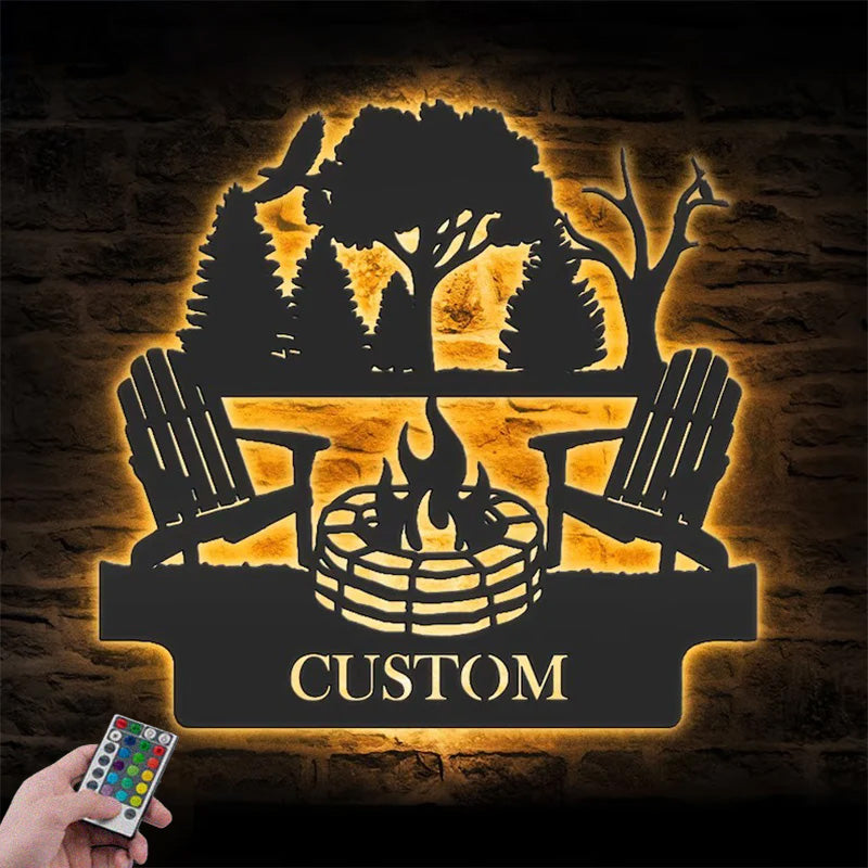 Personalized Fire Pit Lake House Metal Wall Signs With RGB Led Light