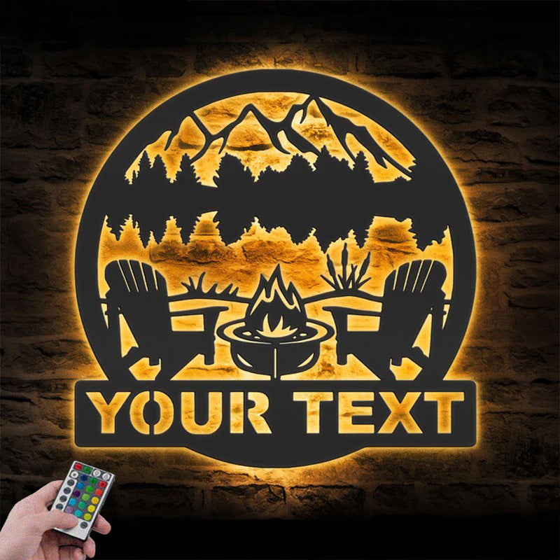 Personalized Fire Pit Lake House Metal Wall Signs With RGB Led Light