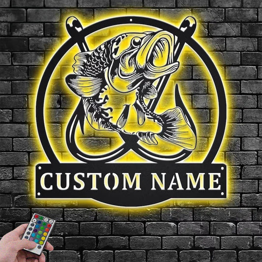 Personalized Fishing Hooks Metal Wall Signs With RGB Led Light