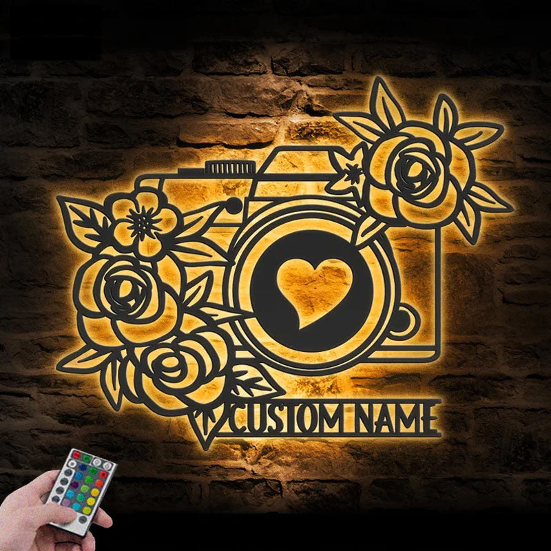 Personalized Floral Camera Photo Taking, Metal Wall Signs With RGB Led Light