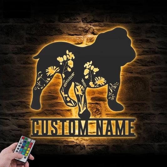 Personalized Floral English Bulldog Metal Wall Signs With RGB Led Light
