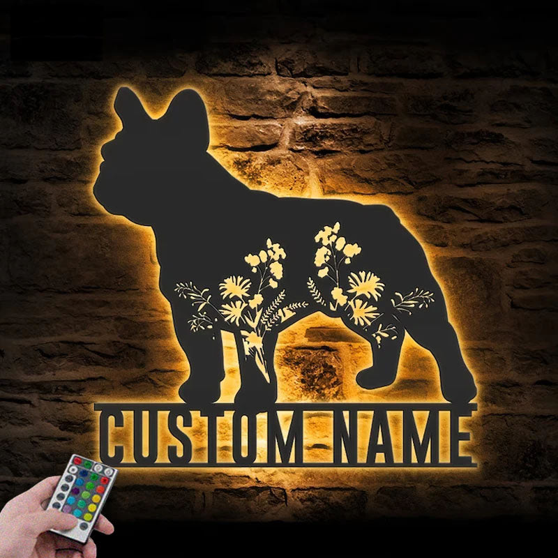 Personalized Floral French Bulldog Metal Wall Signs With RGB Led Light