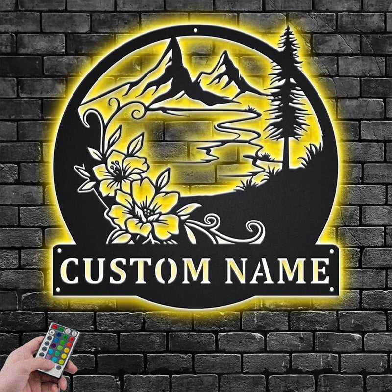 Personalized Floral Lake Scene Metal Wall Signs With RGB Led Light