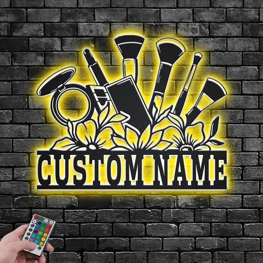 Personalized Floral Makeup Tools Metal Wall Signs With RGB Led Light