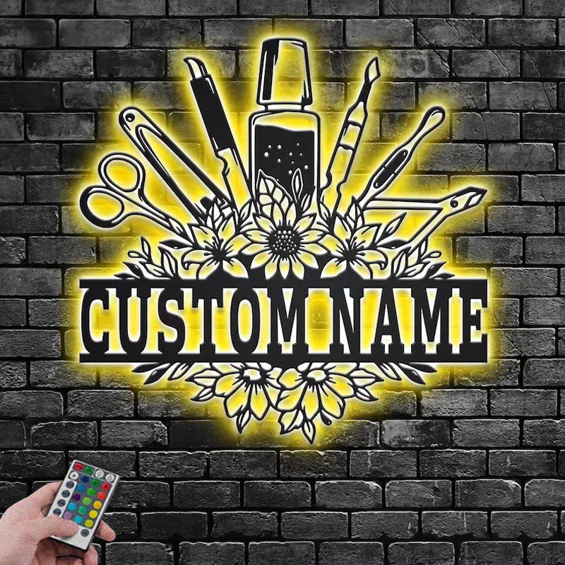 Personalized Floral Nail Tools Metal Wall Signs With RGB Led Light