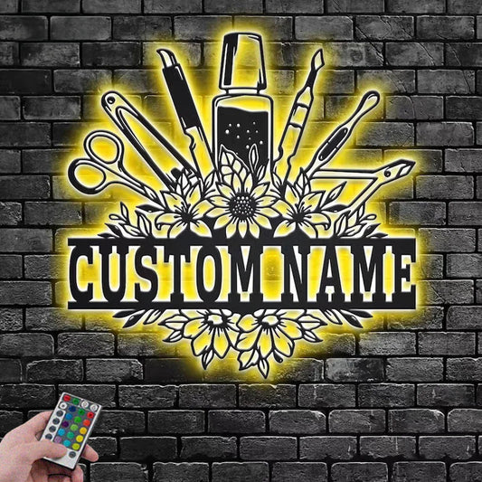 Personalized Floral Nail Tools Metal Wall Signs With RGB Led Light