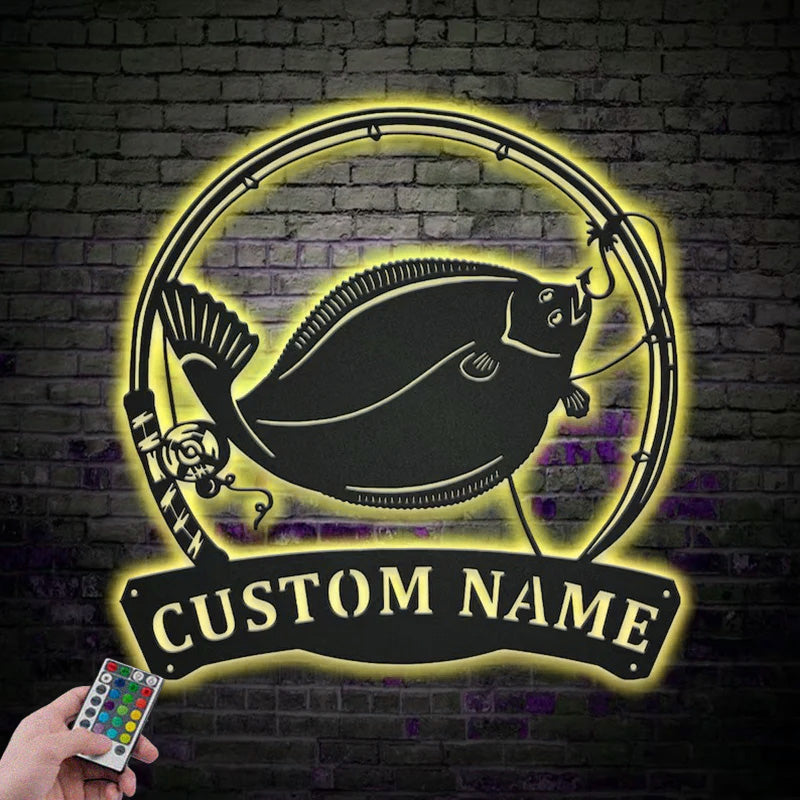 Personalized Flounder Fishing Fish Pole Metal Wall Signs With RGB Led Light