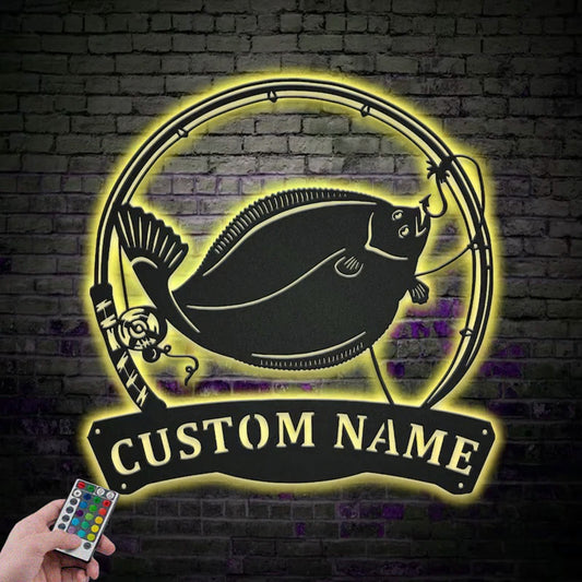 Personalized Flounder Fishing Fish Pole Metal Wall Signs With RGB Led Light