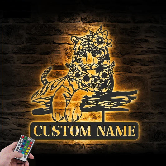 Personalized Flower Tiger Metal Wall Signs With RGB Led Light