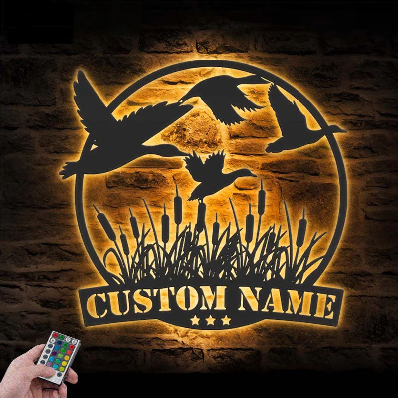 Personalized Flying Mallard Duck Hunting, Metal Wall Signs With RGB Led Light