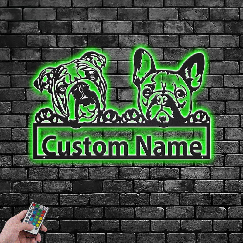Personalized French Bulldog And English Bulldog, Metal Wall Signs With RGB Led Light