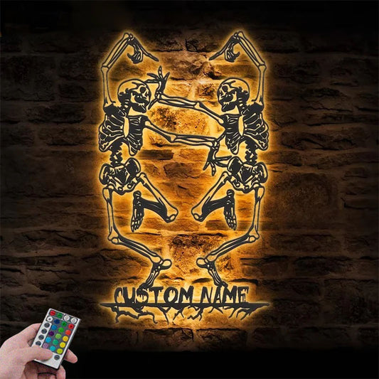 Personalized Funny Couple Skeleton Dancer Metal Wall Signs With RGB Led Light