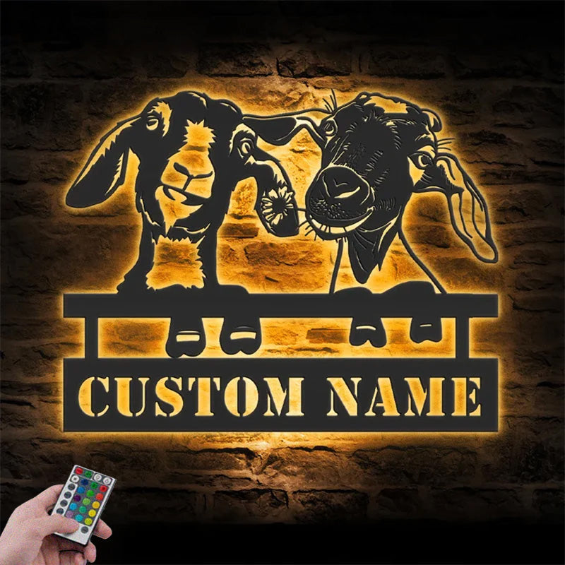 Personalized Funny Valentine Couple Goat Love Farmhouse Metal Wall Signs With RGB Led Light