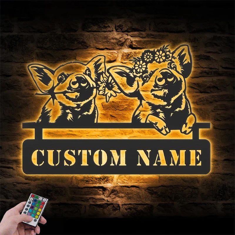 Personalized Funny Valentine Couple Pig Love Farmhouse Metal Wall Signs With RGB Led Light