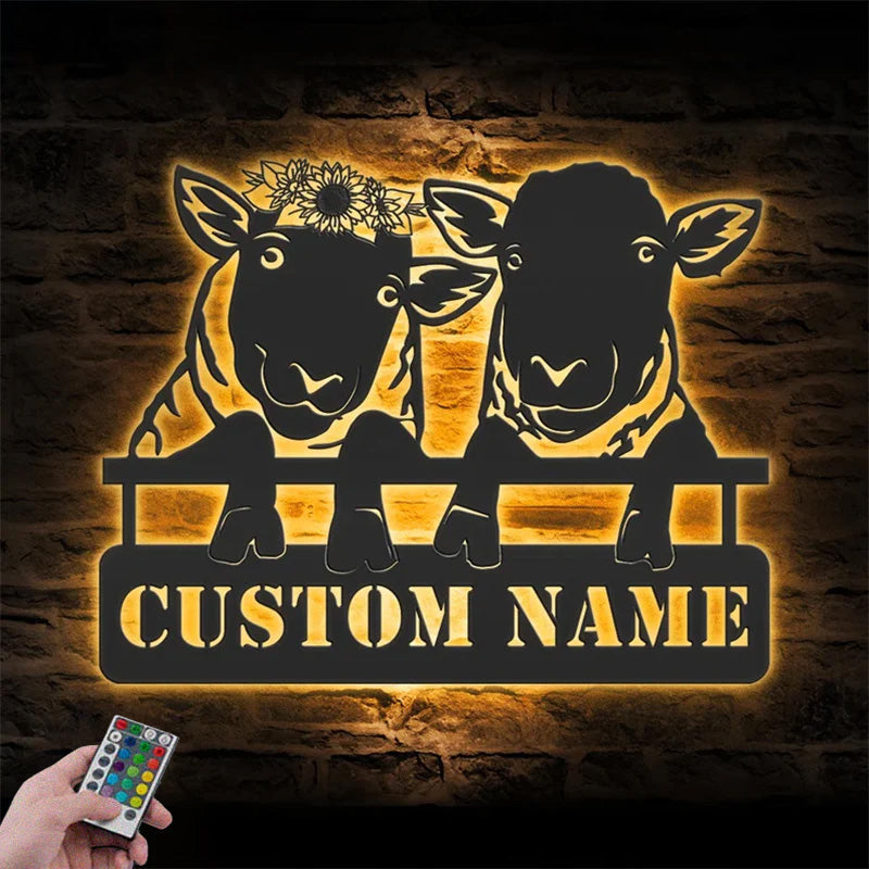 Personalized Funny Valentine Couple Sheep Love Farmhouse Metal Wall Signs With RGB Led Light