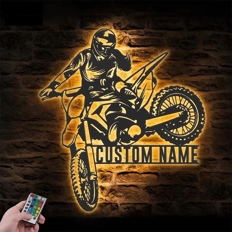 Personalized Girl Motocross Biker, Metal Wall Signs With RGB Led Light