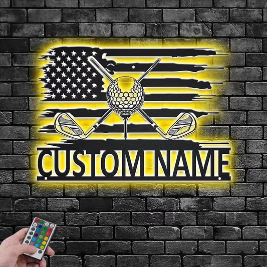 Personalized Golfer Name Sign Decoration For Room, Metal Wall Signs With RGB Led Light