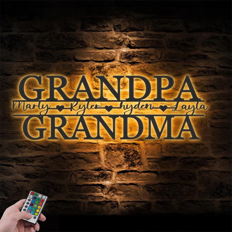 Personalized Grandparents Kids Metal Wall Signs With RGB Led Light