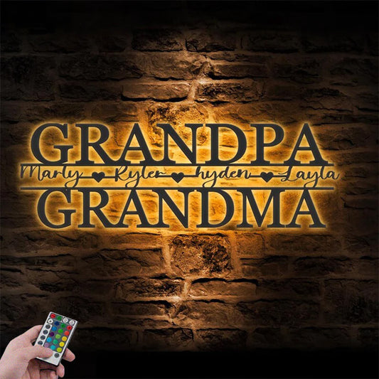 Personalized Grandparents Kids Metal Wall Signs With RGB Led Light