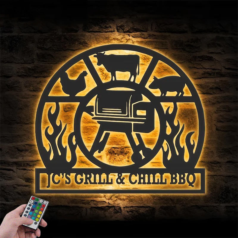 Personalized Grill Decor Barbecue, Patio Housewarming Metal Wall Signs With RGB Led Light