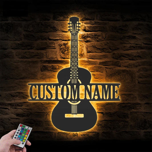 Personalized Guitar Player Metal Wall Signs With RGB Led Light