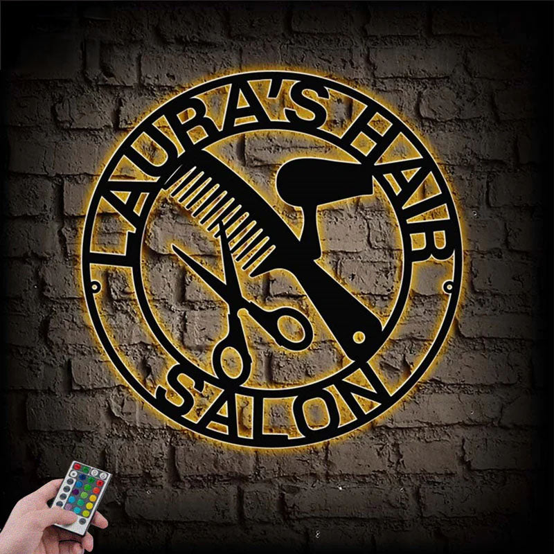 Personalized Hair Salon Sign, Metal Wall Signs With RGB Led Light