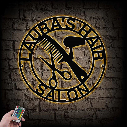 Personalized Hair Salon Sign, Metal Wall Signs With RGB Led Light