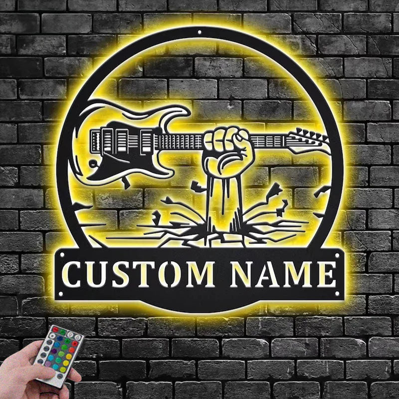 Personalized Hand Holding Electric Guitar Metal Wall Signs With RGB Led Light