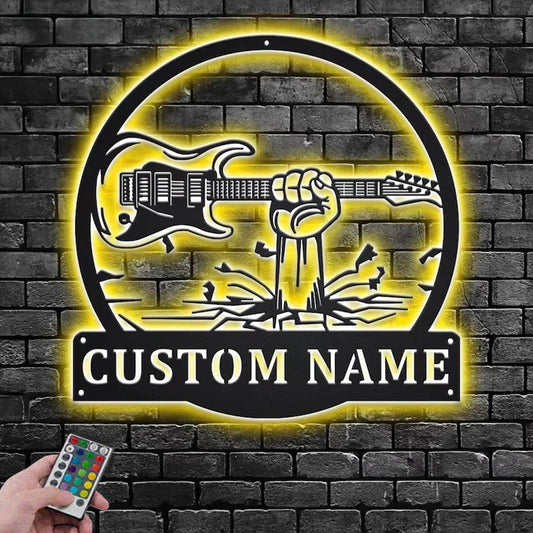 Personalized Hand Holding Electric Guitar Metal Wall Signs With RGB Led Light