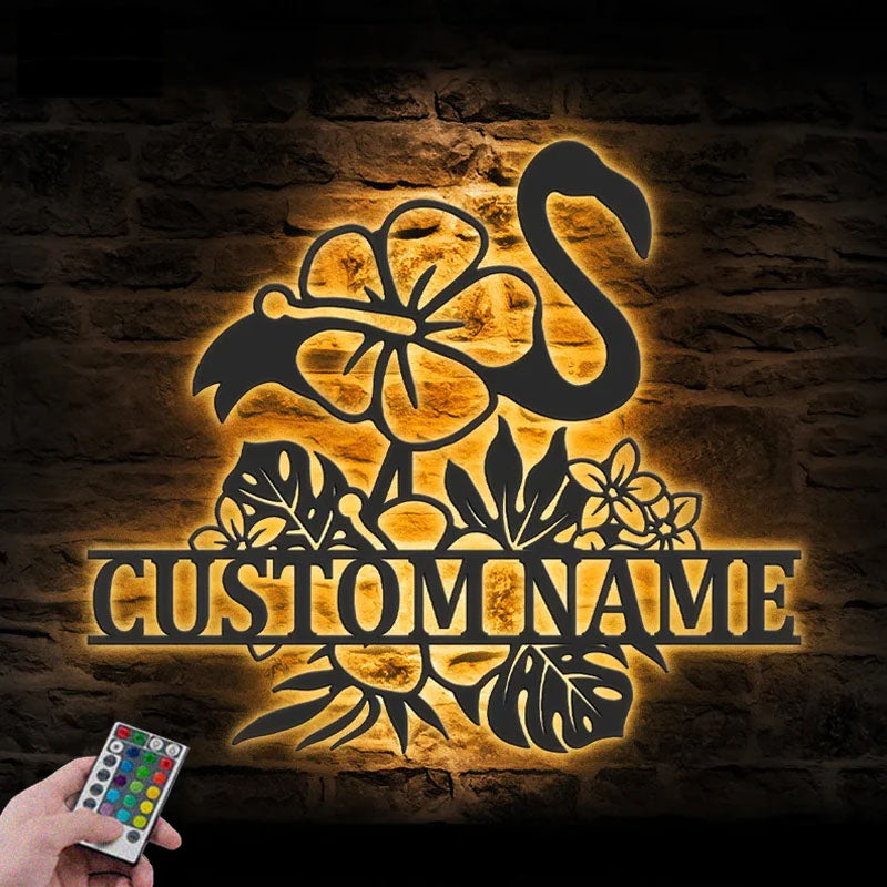 Personalized Hibiscus Flower Flamingo, Metal Wall Signs With RGB Led Light