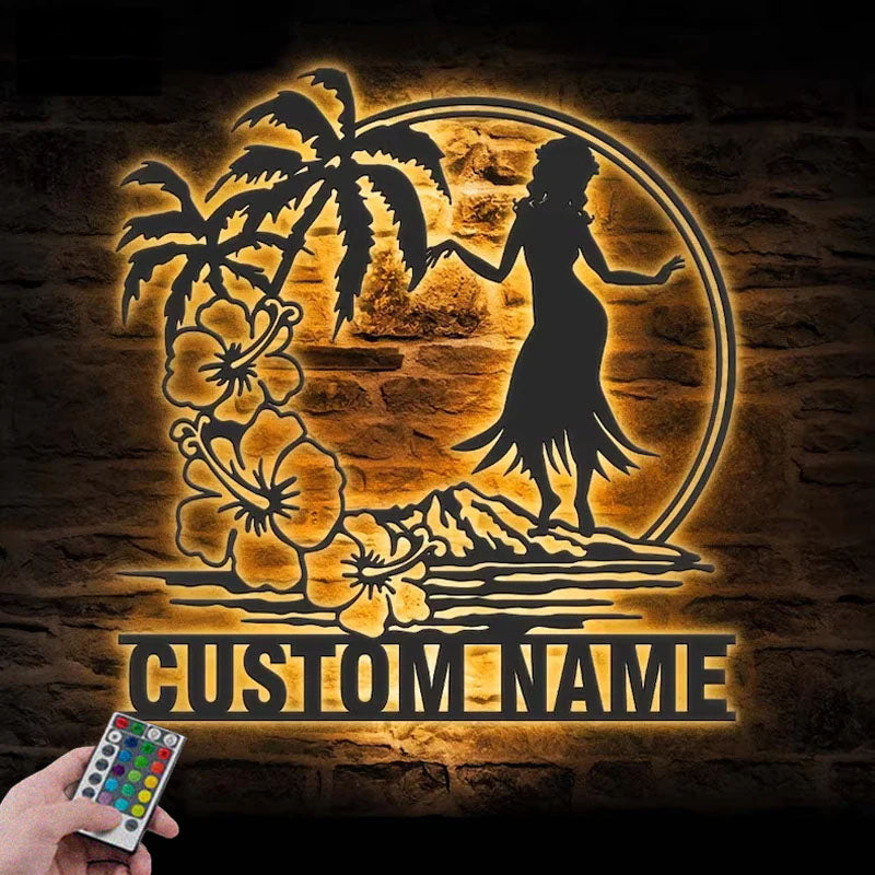 Personalized Hula Dancer Hawaiian Flower Scene,  Metal Wall Signs With RGB Led Light
