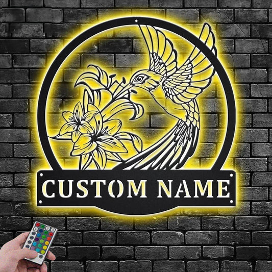 Personalized Hummingbird Flower, Metal Wall Signs With RGB Led Light