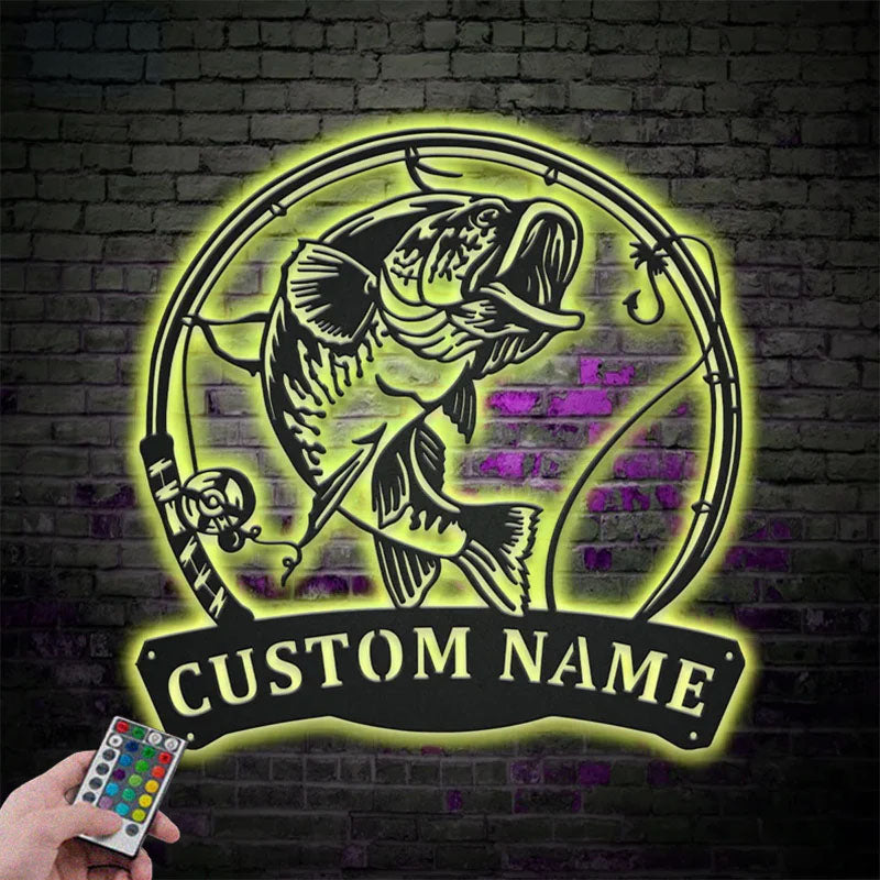 Personalized Largemouth Bass Fish Pole Metal Wall Signs With RGB Led Light