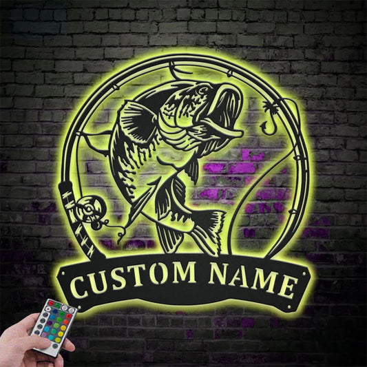 Personalized Largemouth Bass Fish Pole Metal Wall Signs With RGB Led Light