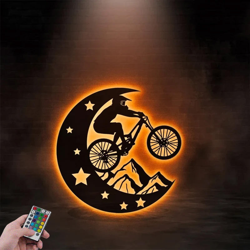 Personalized Light Up Cycling Moon Metal Wall Signs With RGB Led Light