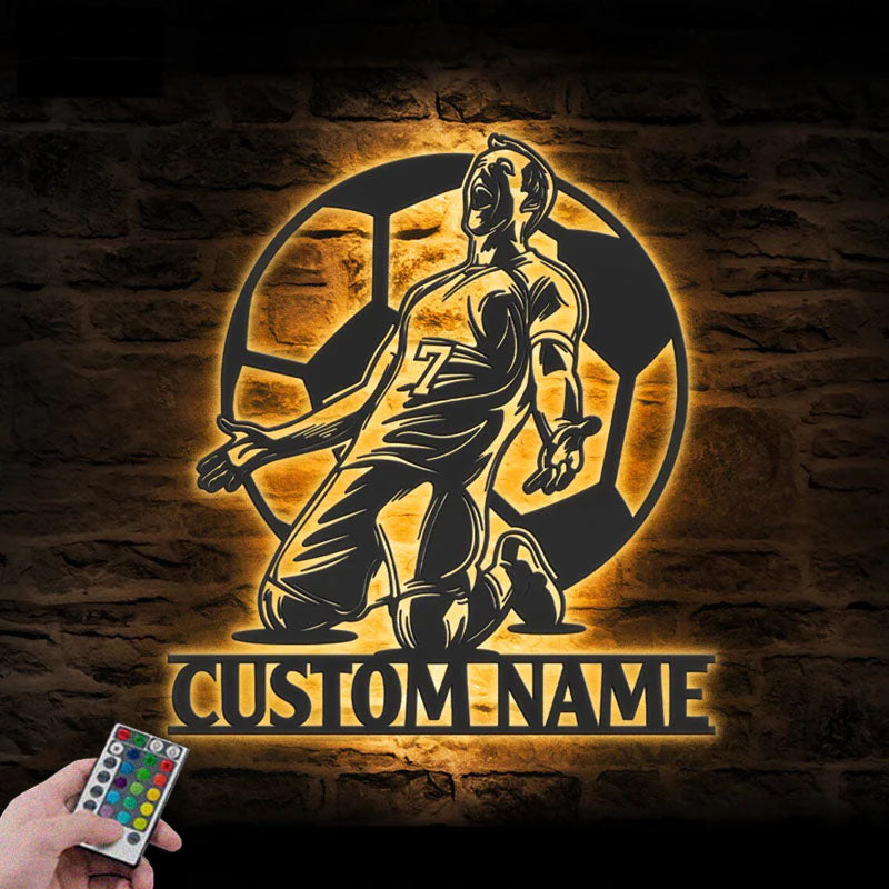 Personalized Man Soccer, Metal Wall Signs With RGB Led Light