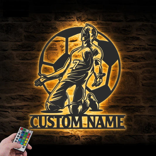 Personalized Man Soccer, Metal Wall Signs With RGB Led Light