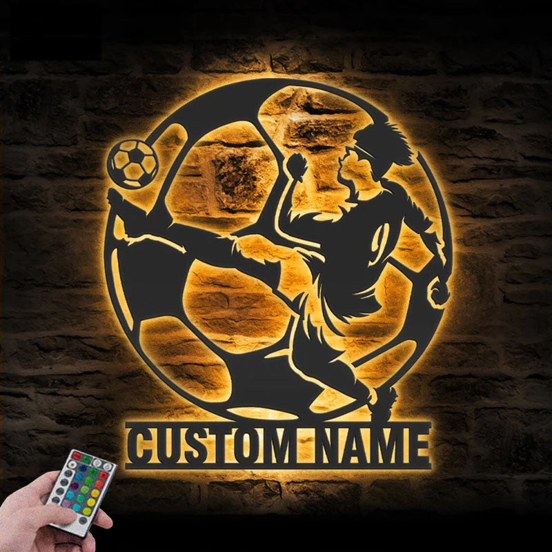 Personalized Man Soccer, Metal Wall Signs With RGB Led Light