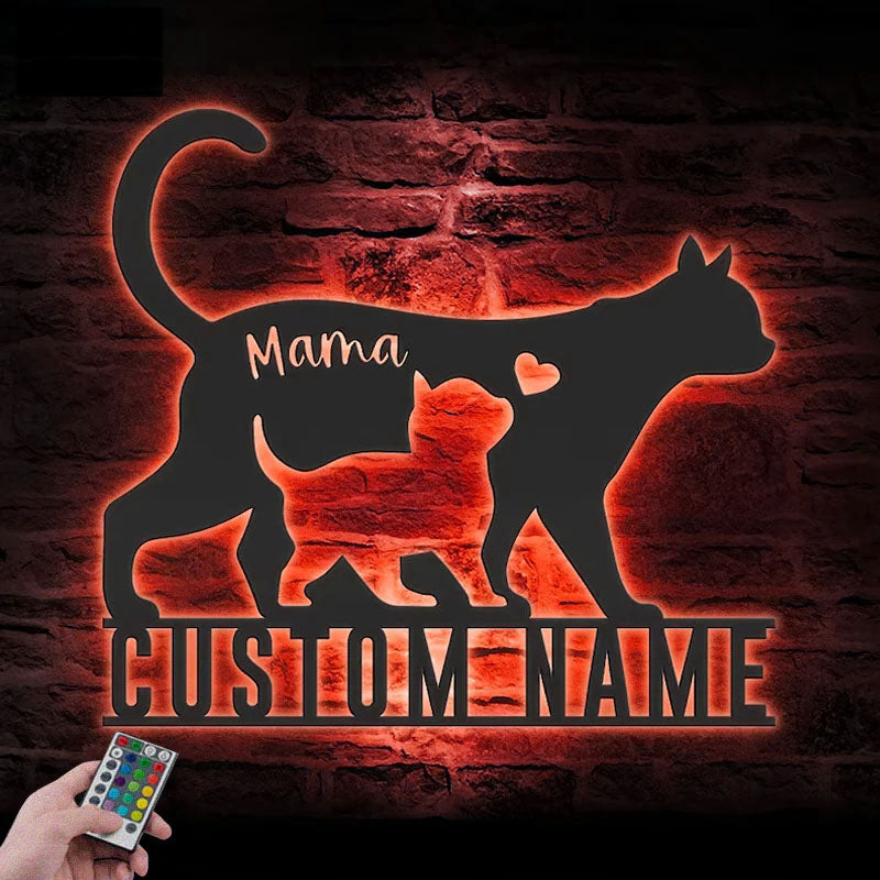 Personalized Mom Baby Cat, Metal Wall Signs With RGB Led Light