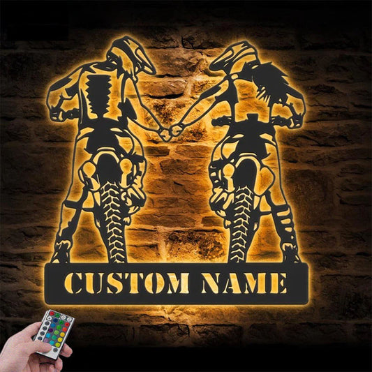 Personalized Motocross Biker Couple Holding Hand, Metal Wall Signs With RGB Led Light