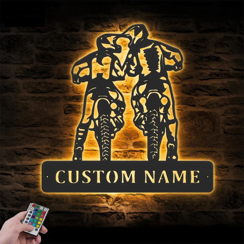 Personalized Motocross Biker Couple Kiss, Metal Wall Signs With RGB Led Light